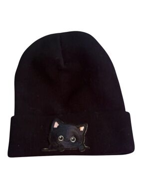 Kawaii Siamese Cat Embroidered Beanie | Black Ribbed Knit Winter Hat